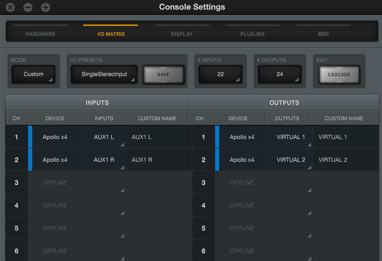 I/O Matrix tab in the Apollo Console app